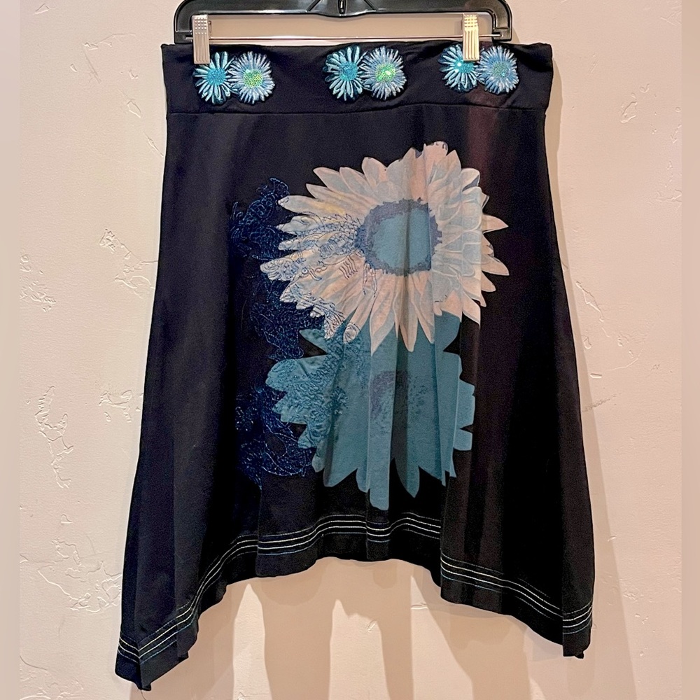 Vintage Desigual Black Skirt with Blue Floral Design